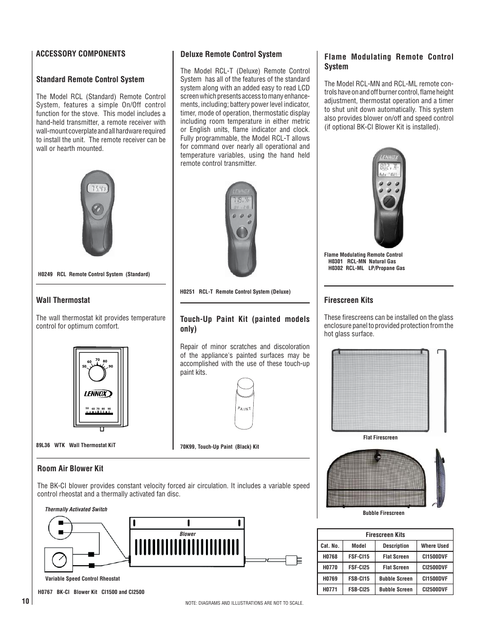 Firescreen kits, Accessory components, Standard remote control system | Deluxe remote control system, Touch-up paint kit (painted models only), Room air blower kit, Flame modulating remote control system, Wall thermostat | Lennox Hearth CI1500DVF User Manual | Page 10 / 20