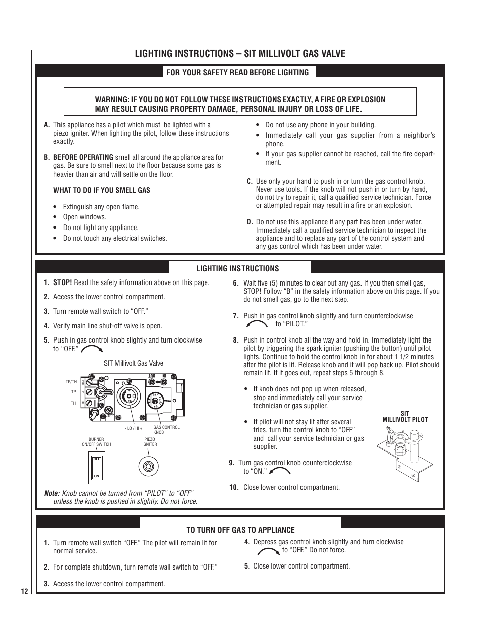 Lighting instructions – sit millivolt gas valve, Lighting instructions | Lennox Hearth CI1500DVF User Manual | Page 12 / 20