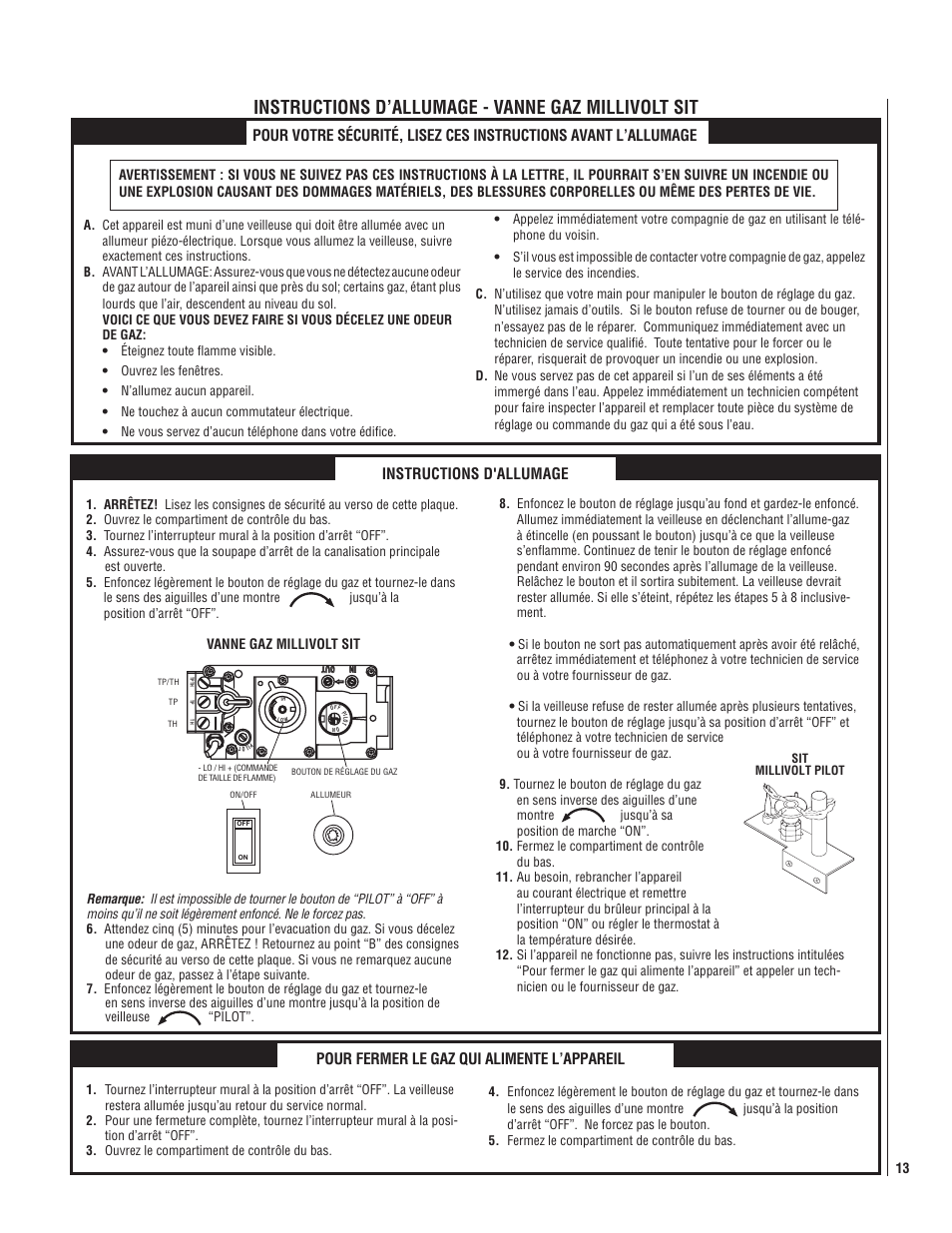 Instructions d’allumage - vanne gaz millivolt sit, Instructions d'allumage, Pour fermer le gaz qui alimente l’appareil | Lennox Hearth CI1500DVF User Manual | Page 13 / 20