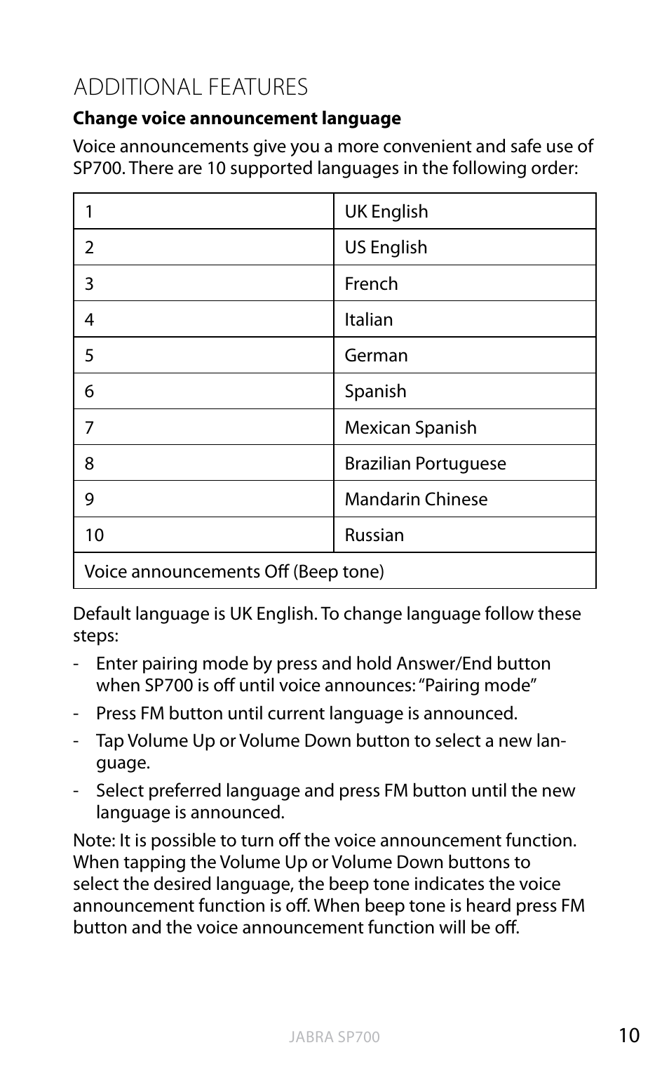 English, Additional features | Jabra SP700 User Manual | Page 11 / 22