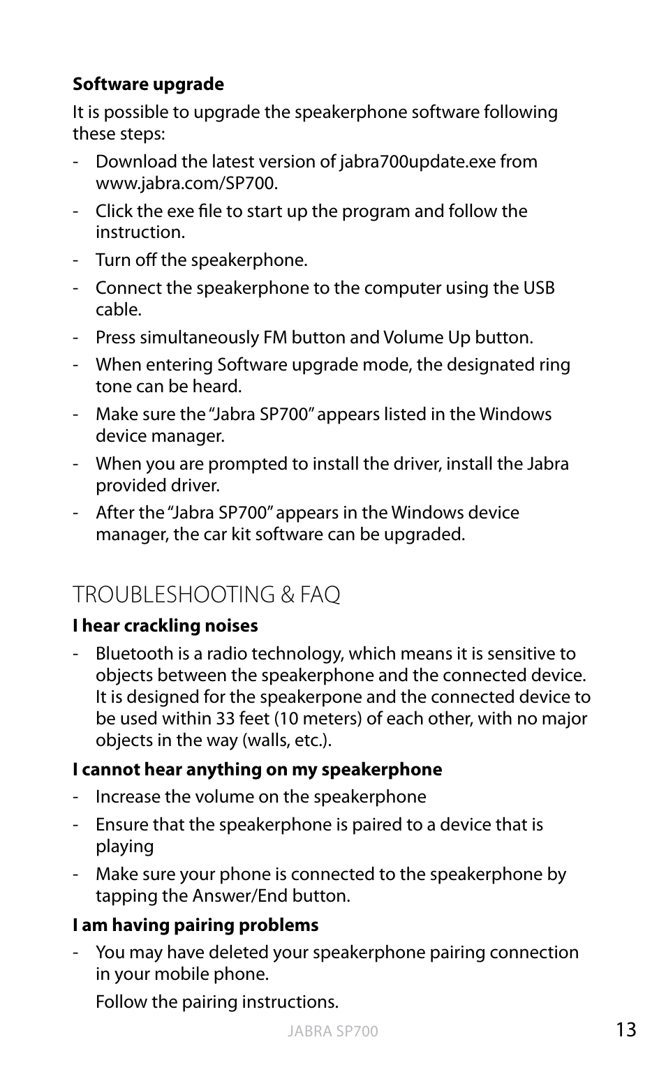 English, Troubleshooting & faq | Jabra SP700 User Manual | Page 14 / 22