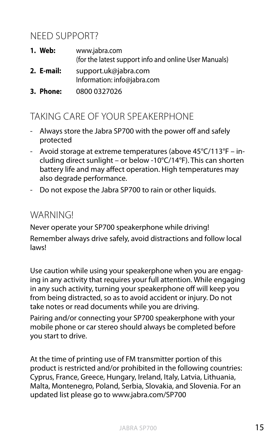 English, Need support, Taking care of your speakerphone | Warning | Jabra SP700 User Manual | Page 16 / 22