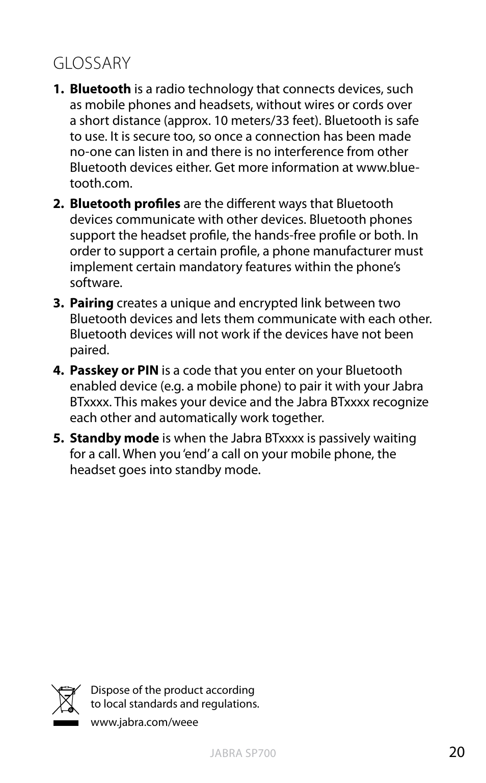 English, Glossary | Jabra SP700 User Manual | Page 21 / 22