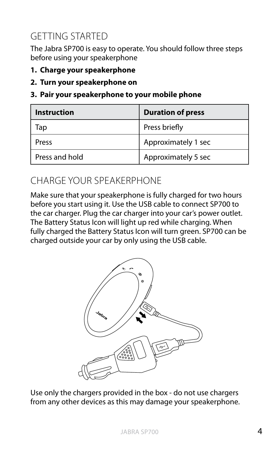 English, Getting started, Charge your speakerphone | Jabra SP700 User Manual | Page 5 / 22