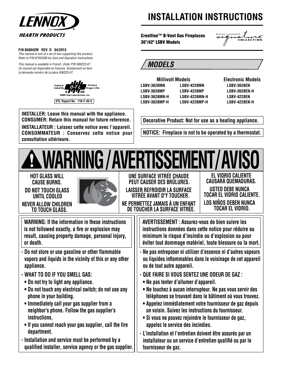 Lennox Hearth Crestline LSBV-3628MN User Manual | 20 pages