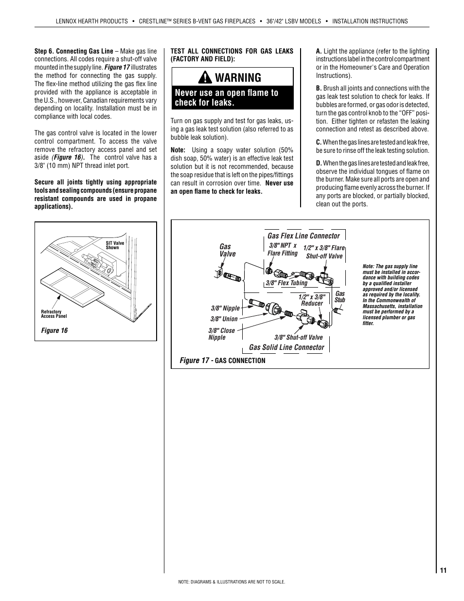 Warning, Never use an open flame to check for leaks | Lennox Hearth Crestline LSBV-3628MN User Manual | Page 11 / 20