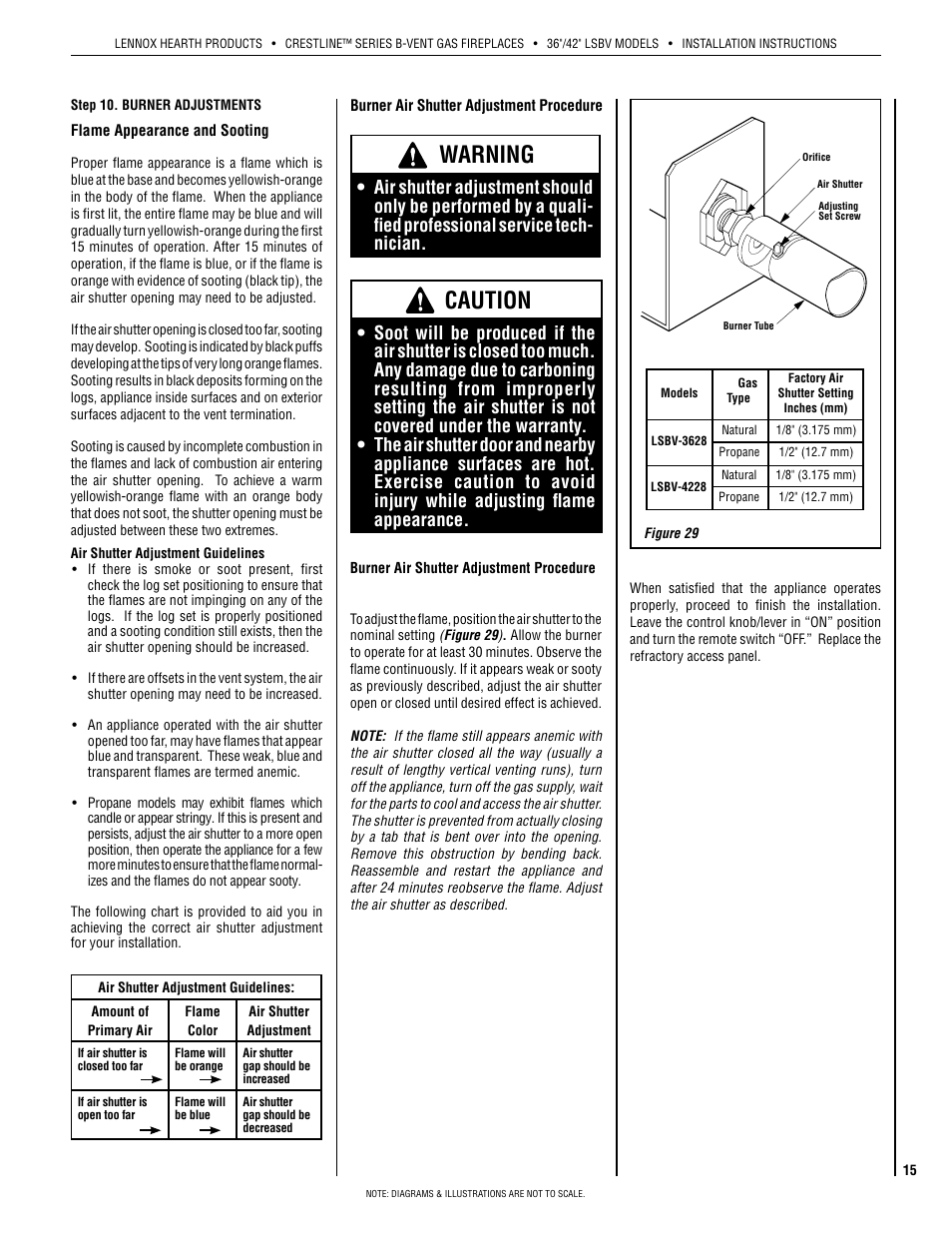 Warning, Caution | Lennox Hearth Crestline LSBV-3628MN User Manual | Page 15 / 20