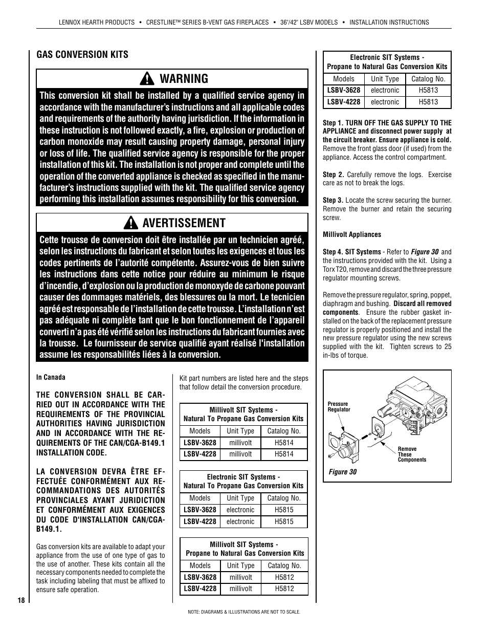 Warning, Avertissement, Gas conversion kits | Lennox Hearth Crestline LSBV-3628MN User Manual | Page 18 / 20