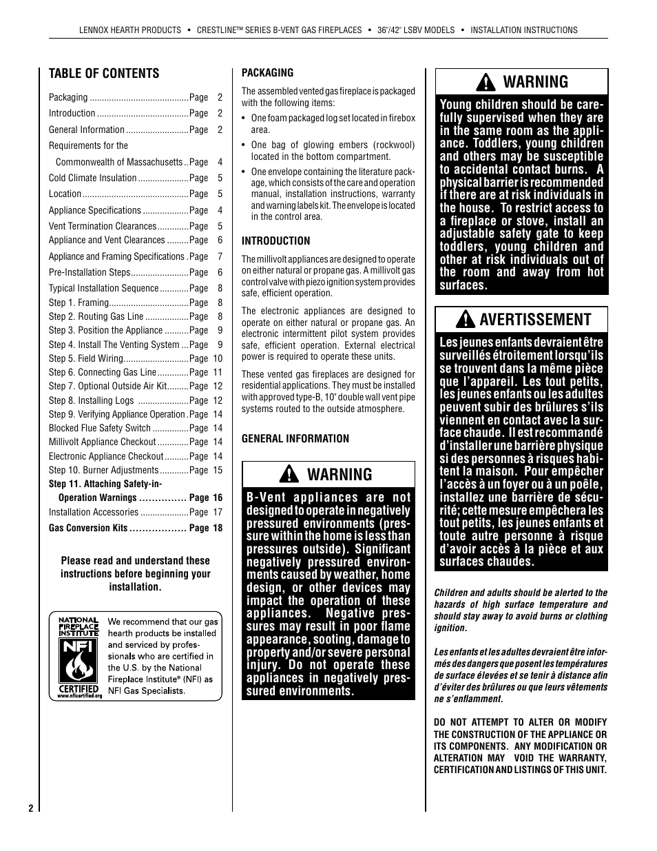 Warning, Avertissement | Lennox Hearth Crestline LSBV-3628MN User Manual | Page 2 / 20