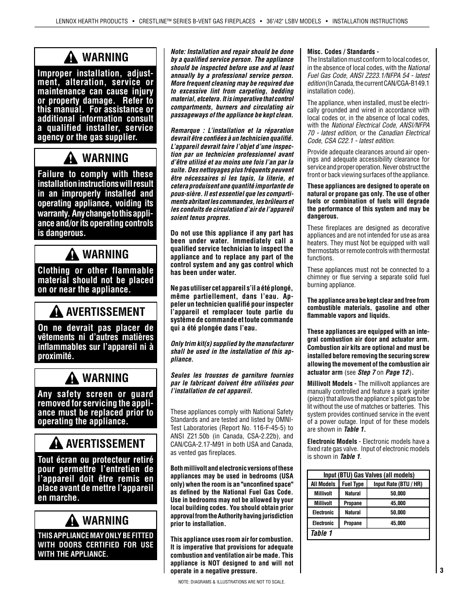 Warning, Avertissement | Lennox Hearth Crestline LSBV-3628MN User Manual | Page 3 / 20