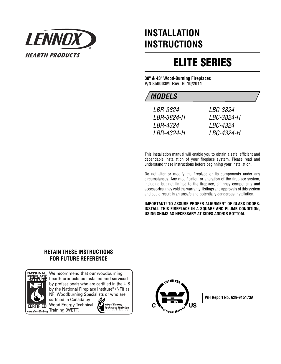 Lennox Hearth ELITE SERIES LBC-3824 User Manual | 20 pages