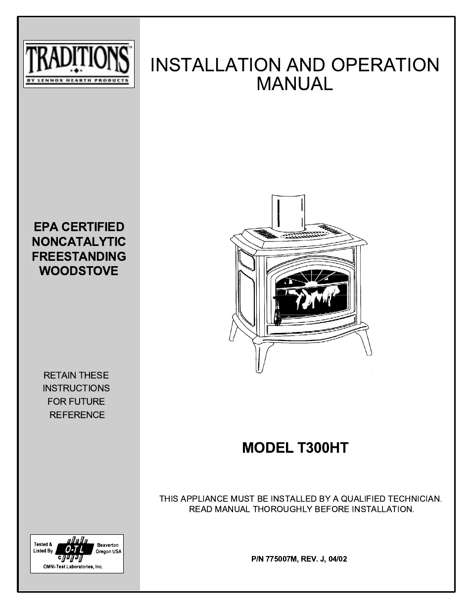 Lennox Hearth TRADITIONS T300HT User Manual | 26 pages