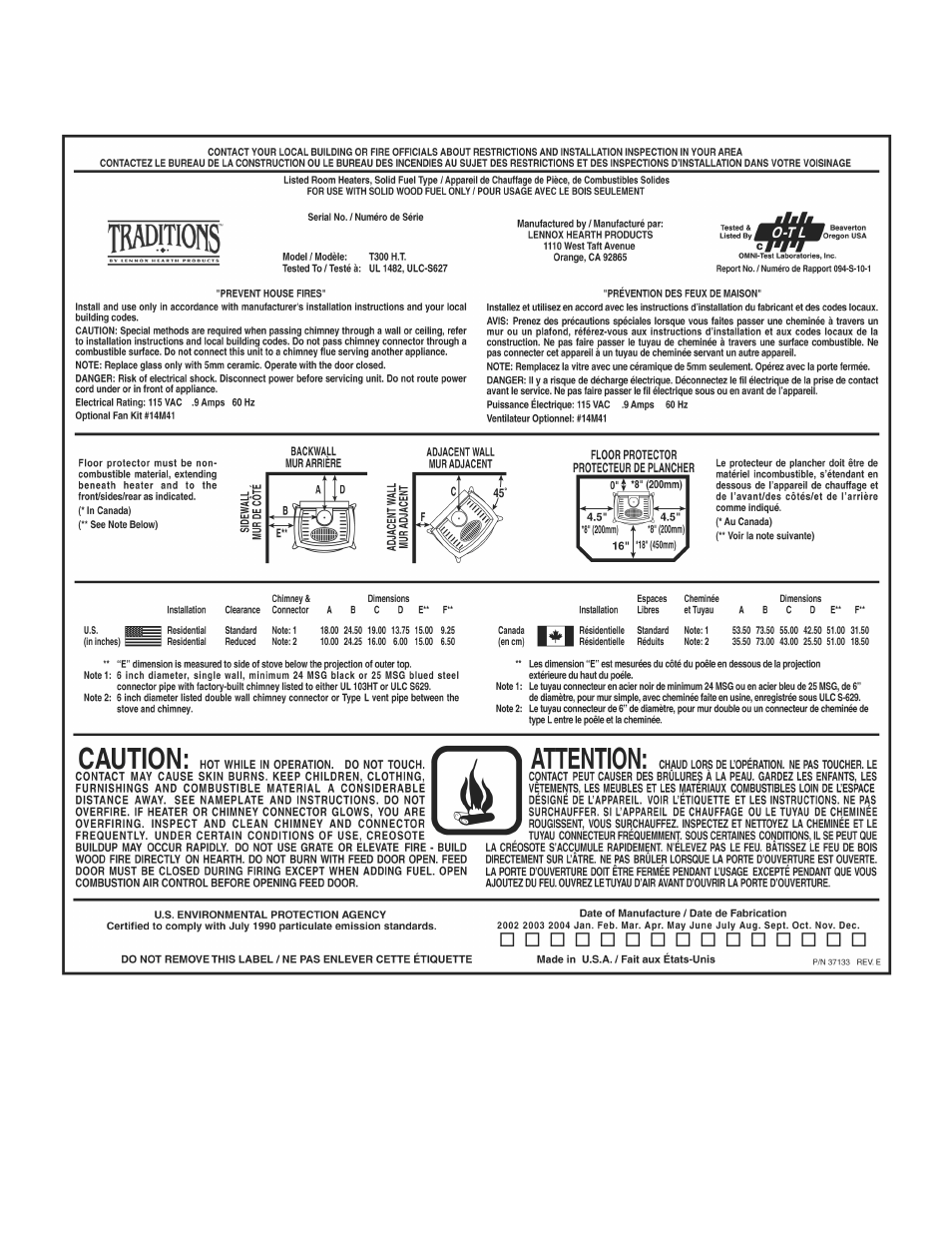 Lennox Hearth TRADITIONS T300HT User Manual | Page 23 / 26