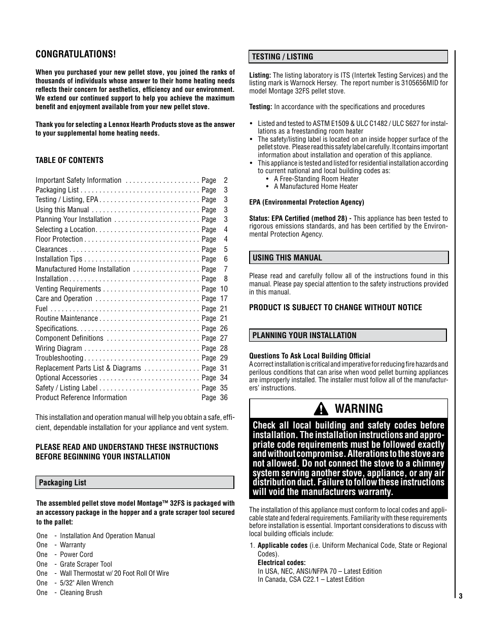 Warning | Lennox Hearth MODEL MONTAGE 32FS User Manual | Page 3 / 36