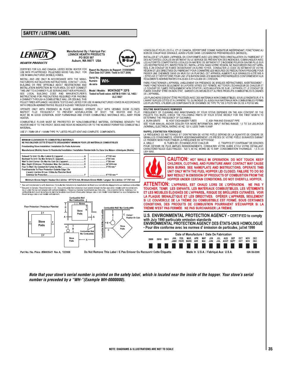 Safety / listing label | Lennox Hearth MODEL MONTAGE 32FS User Manual | Page 35 / 36