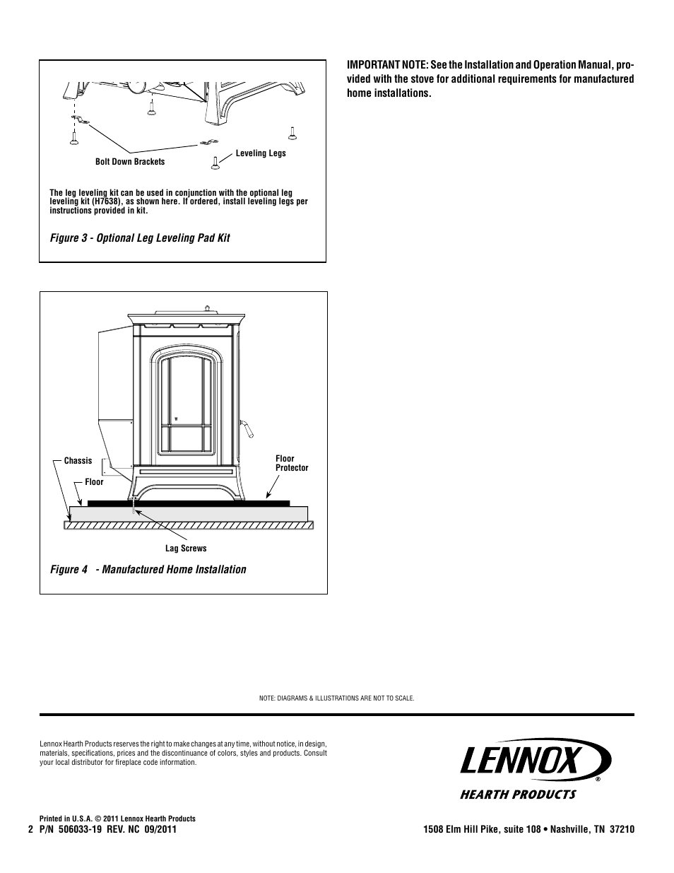Figure 4 - manufactured home installation, Figure 3 - optional leg leveling pad kit | Lennox Hearth 506033-19 User Manual | Page 2 / 2