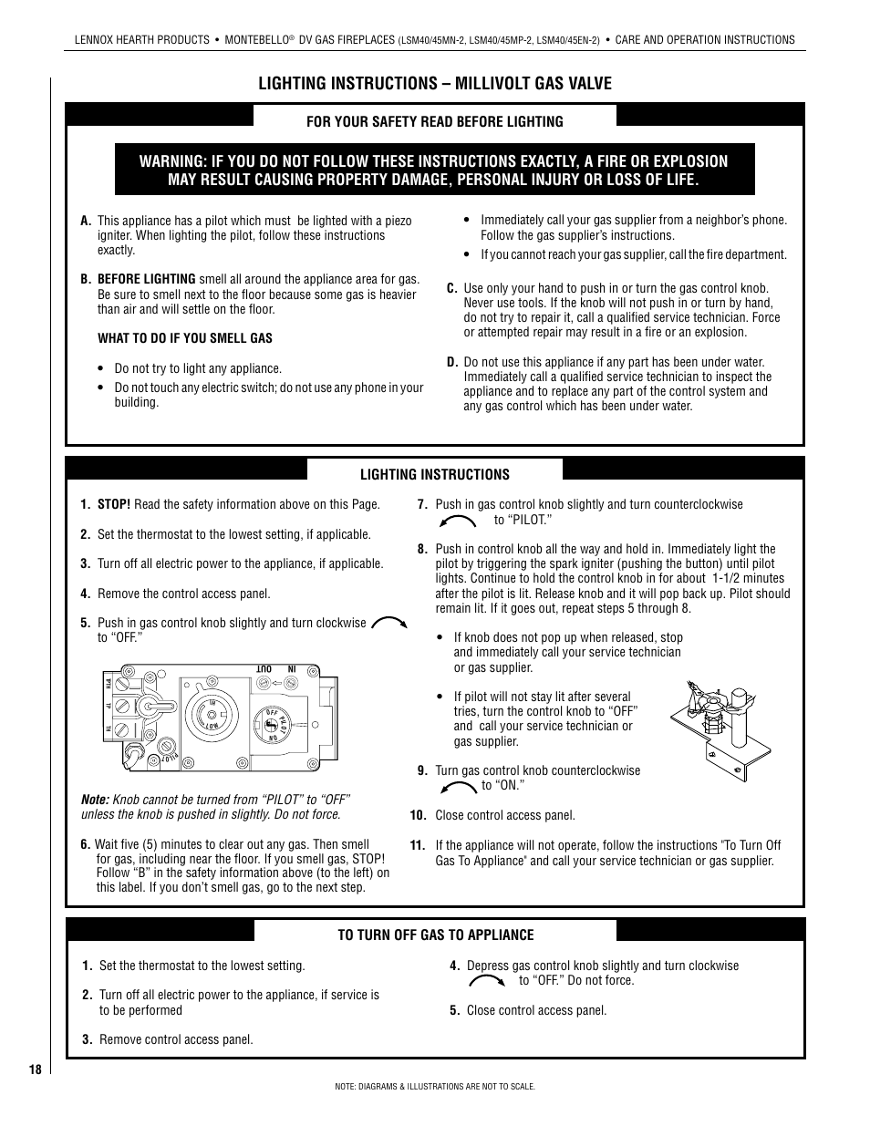Lighting instructions – millivolt gas valve | Lennox Hearth 875027M User Manual | Page 18 / 28