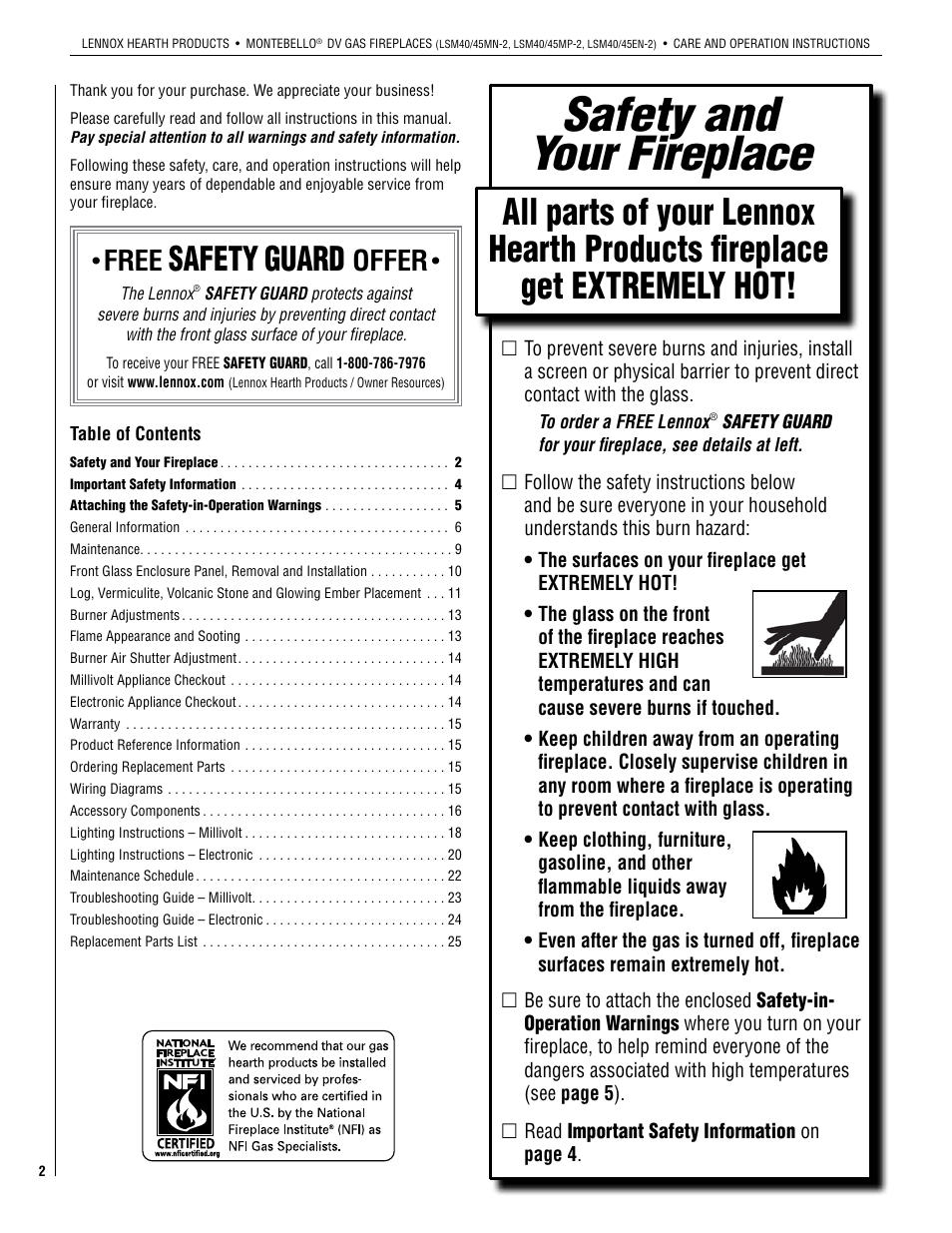 Safety and your fireplace, Safety, Guard | Free, Offer | Lennox Hearth 875027M User Manual | Page 2 / 28