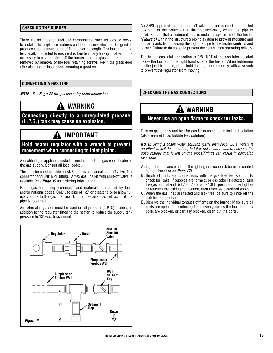 Important, Warning, Never use an open flame to check for leaks | Lennox Hearth CATALYTIC VENT-FREE X-FIRES-WS-NG User Manual | Page 13 / 24