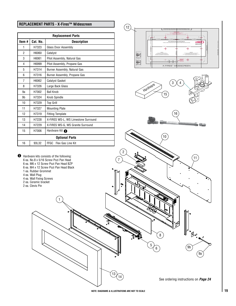 Replacement parts - x-fires™ widescreen, Replacement parts item # cat. no. description, Optional parts | See ordering instructions on page 24 | Lennox Hearth CATALYTIC VENT-FREE X-FIRES-WS-NG User Manual | Page 19 / 24