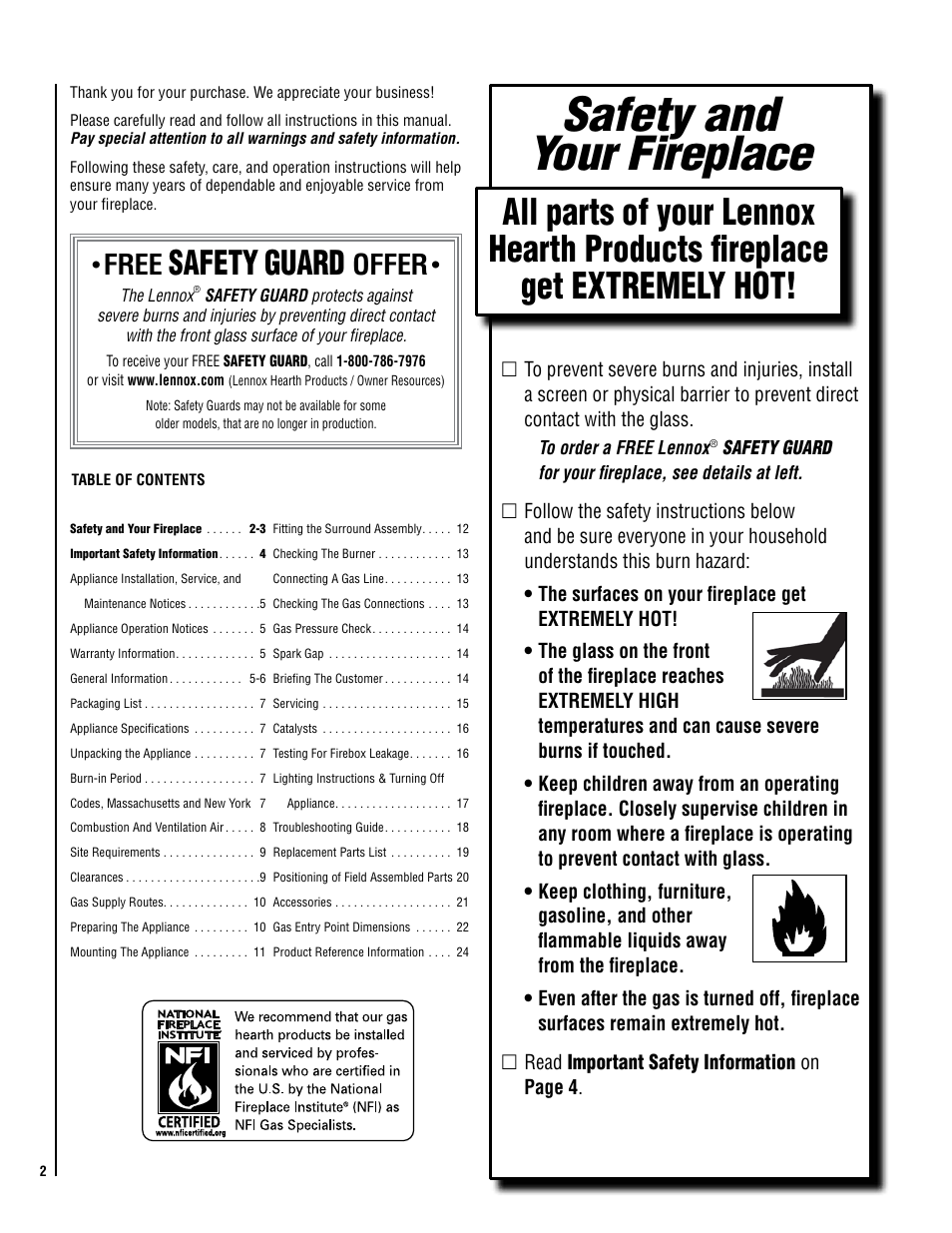 Safety and your fireplace, Safety, Guard | Free, Offer | Lennox Hearth CATALYTIC VENT-FREE X-FIRES-WS-NG User Manual | Page 2 / 24