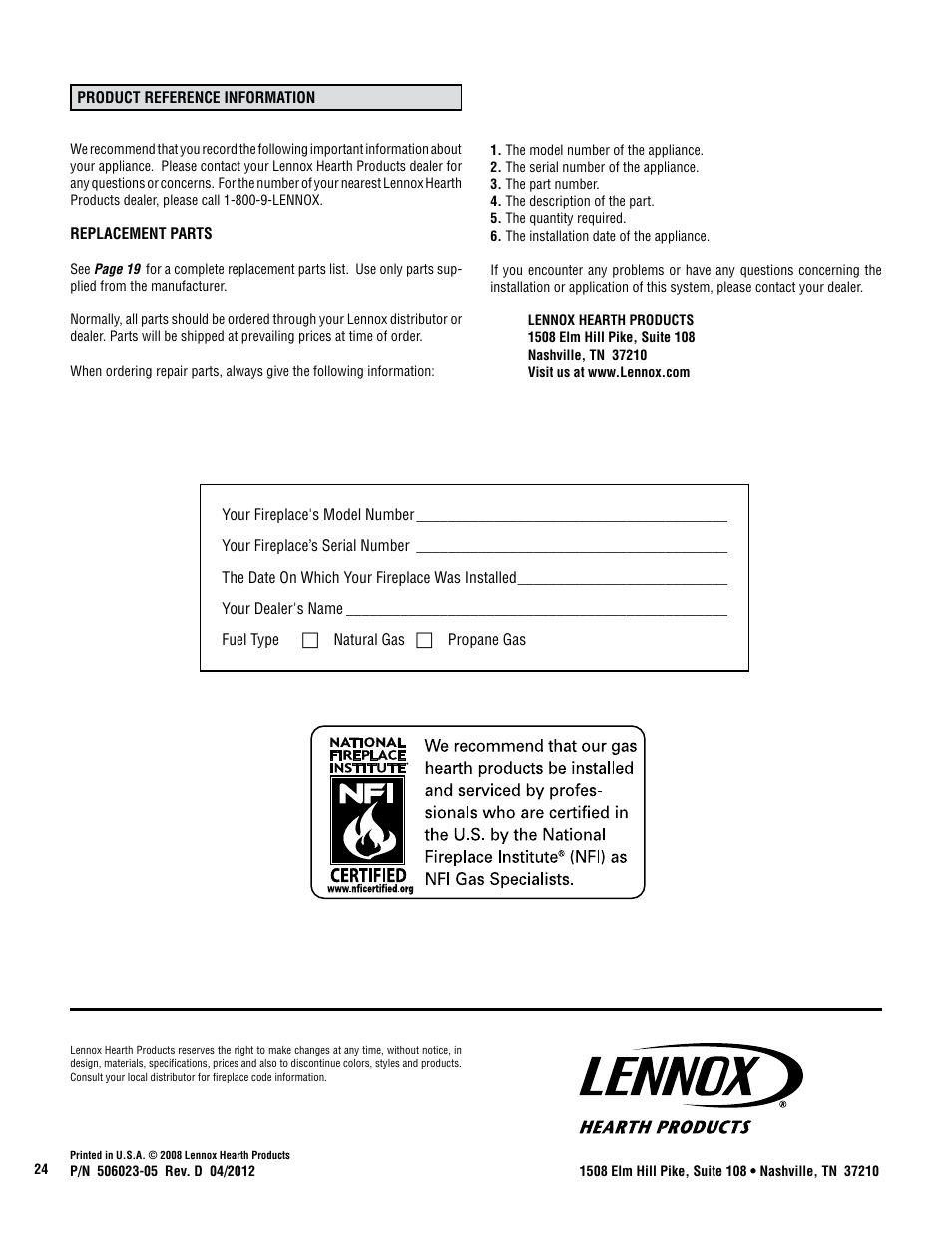 Lennox Hearth CATALYTIC VENT-FREE X-FIRES-WS-NG User Manual | Page 24 / 24