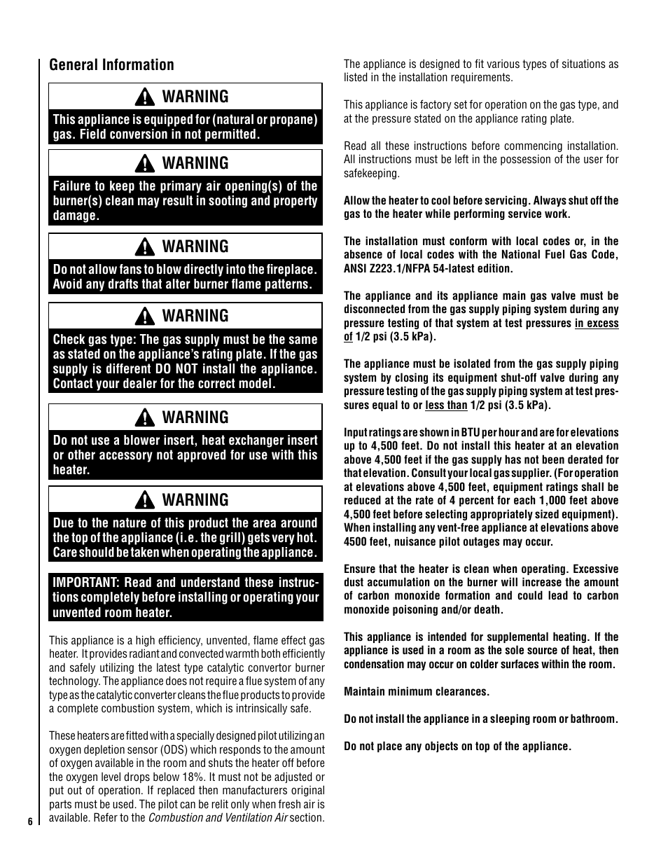 Warning, General information | Lennox Hearth CATALYTIC VENT-FREE X-FIRES-WS-NG User Manual | Page 6 / 24