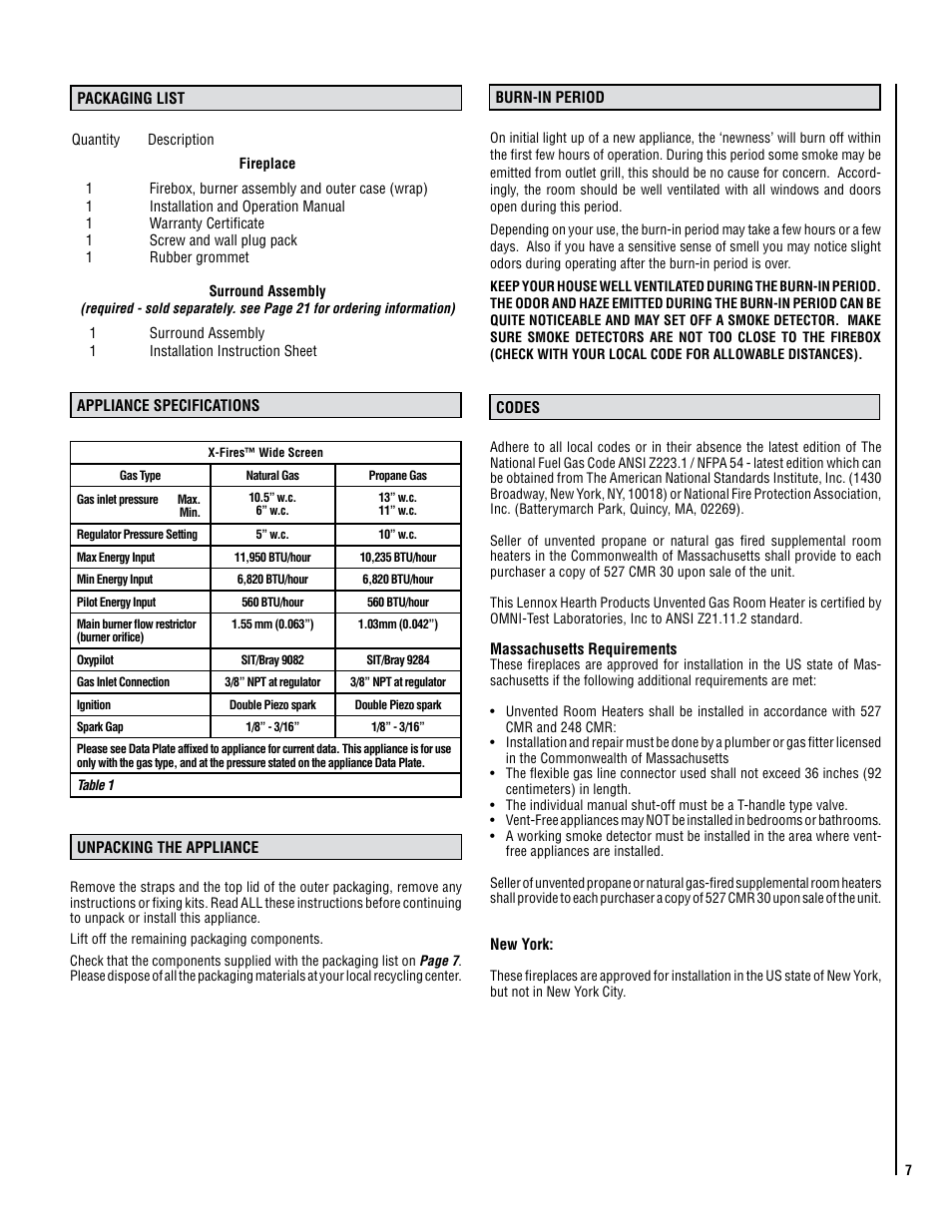 Lennox Hearth CATALYTIC VENT-FREE X-FIRES-WS-NG User Manual | Page 7 / 24