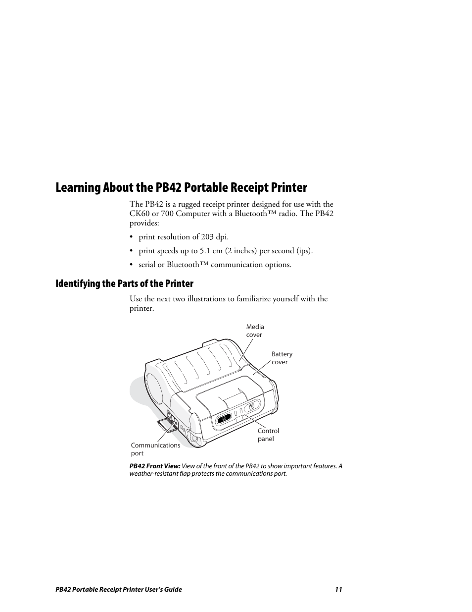 Learning about the pb42 portable receipt printer, Identifying the parts of the printer | Lennox Hearth PB42 User Manual | Page 11 / 42