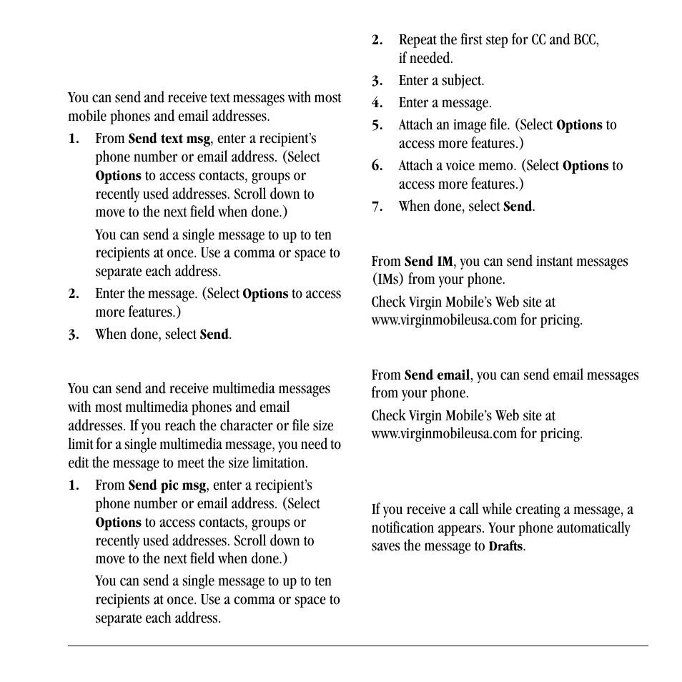 Send messages, Create a text message, Create a multimedia message | Create an instant message, Create an email message, Receive calls while creating messages | Lennox Hearth X-TC User Manual | Page 25 / 88