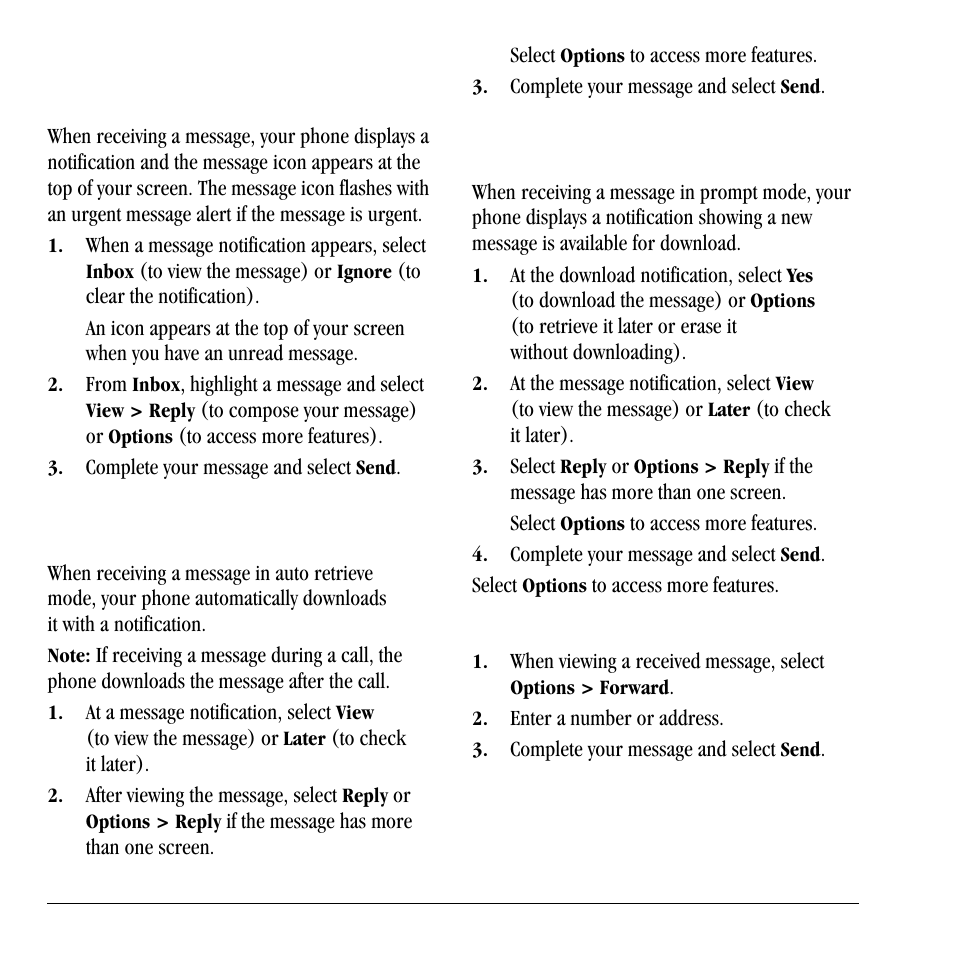 Manage received messages, Reply to text messages, Reply to multimedia messages (with auto retrieve) | Reply to multimedia messages (with prompt), Forward messages | Lennox Hearth X-TC User Manual | Page 28 / 88