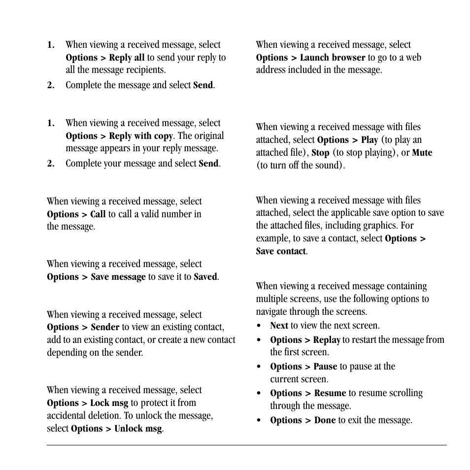 Reply to all recipients, Reply with a copy of the message, Call a number in a message | Save received messages, View sender information, Lock messages, Go to web addresses in messages, Manage attached files | Lennox Hearth X-TC User Manual | Page 29 / 88