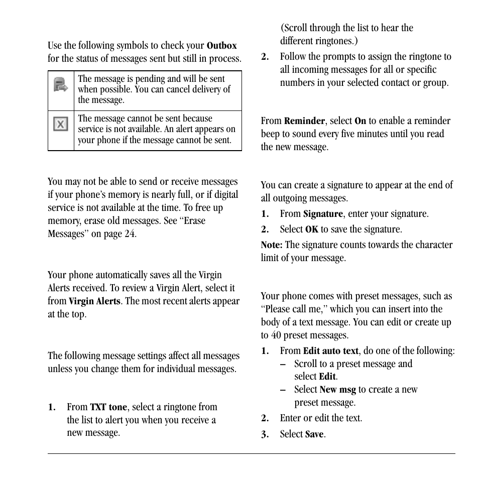 Review virgin alerts, Message settings, Review virgin alerts message settings | Check message status in outbox, Unable to send messages, Set your txt tone, Set your reminder, Set your signature, Edit preset messages | Lennox Hearth X-TC User Manual | Page 31 / 88