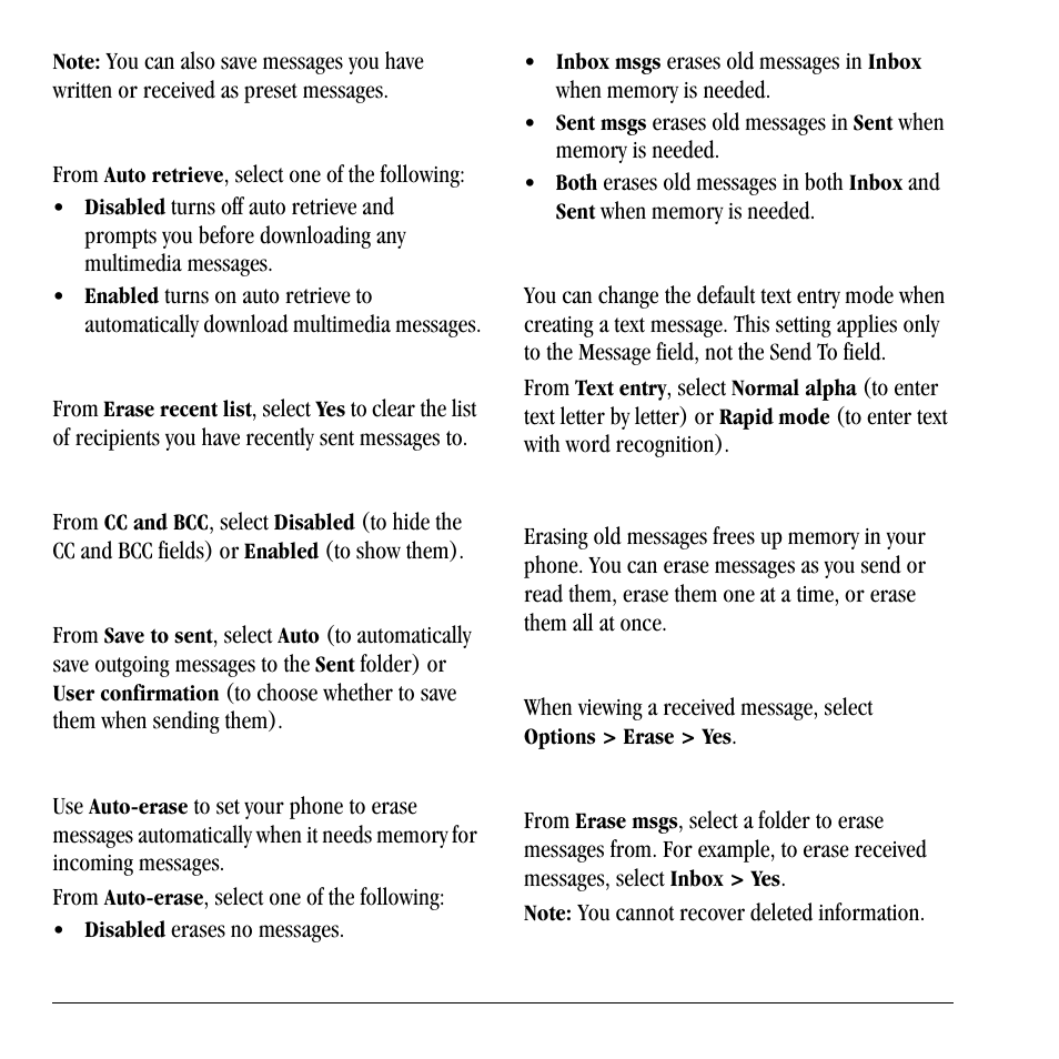 Erase messages, Enable auto retrieve, Erase recent list | Enable cc/bcc fields, Enable save to sent, Enable auto-erase, Set default text, Erase a single message, Erase messages from a folder | Lennox Hearth X-TC User Manual | Page 32 / 88