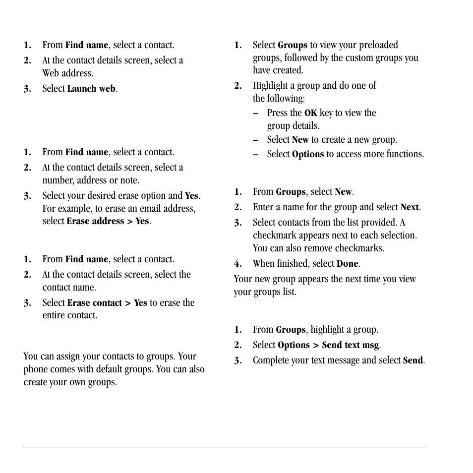 Erase contacts, Contact groups, Erase contacts contact groups | Visit web addresses, Erase contact details, Erase an entire contact, View groups, Create a new group, Send text messages to groups | Lennox Hearth X-TC User Manual | Page 38 / 88