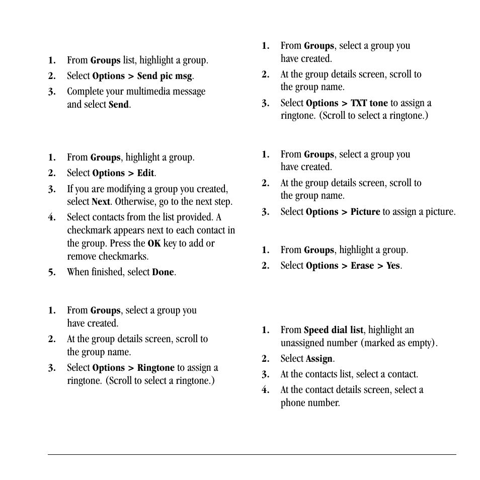 Speed dial list, Send multimedia messages to groups, Add or remove contacts from groups | Assign ringtones to groups, Assign message tones to groups, Assign pictures to groups, Erase a group, Assign speed dial numbers | Lennox Hearth X-TC User Manual | Page 39 / 88