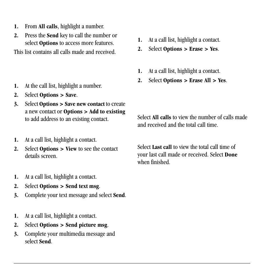 Erase call list records, Work with call timers, Erase call list records work with call timers | Return any call, Call list options, Erase a single record, Erase a call list, View all calls timer, View last call timer | Lennox Hearth X-TC User Manual | Page 42 / 88