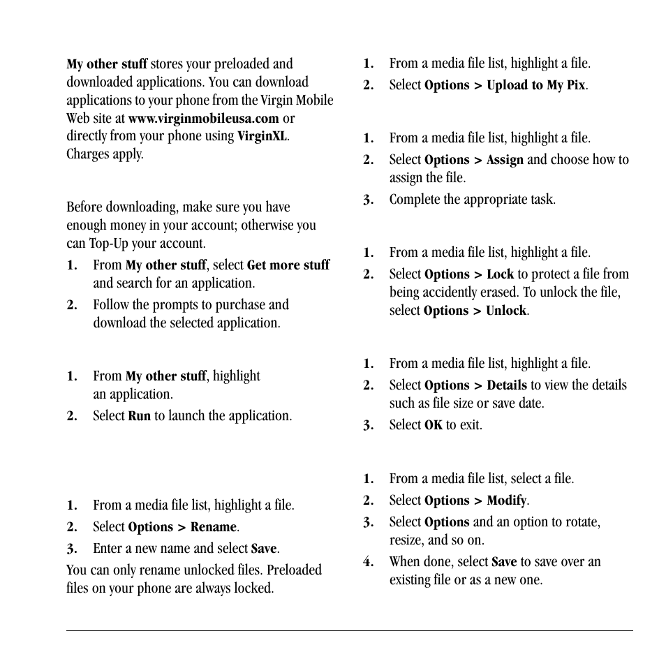 My other stuff, Media file options, My other stuff media file options | Download an application, Run an application, Rename a file, Send a file to an online location, Assign a file, Lock a file, View file details | Lennox Hearth X-TC User Manual | Page 53 / 88