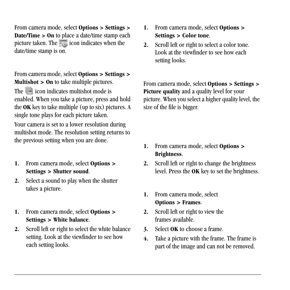 Other camera options, Enable date/time stamp, Enable multishot mode | Set shutter sound, Set white balance, Set color tone, Set picture quality, Set brightness level, Take a picture in a frame | Lennox Hearth X-TC User Manual | Page 56 / 88