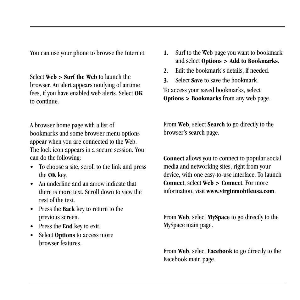 12 web, Surf the web, Search the web | Launch connect, Go to myspace, Go to facebook, Launch browser, Browse the web, Add a bookmark | Lennox Hearth X-TC User Manual | Page 57 / 88