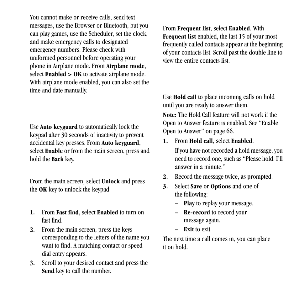 Auto keyguard, Call contact using fast find, Enable frequent list | Hold call | Lennox Hearth X-TC User Manual | Page 71 / 88