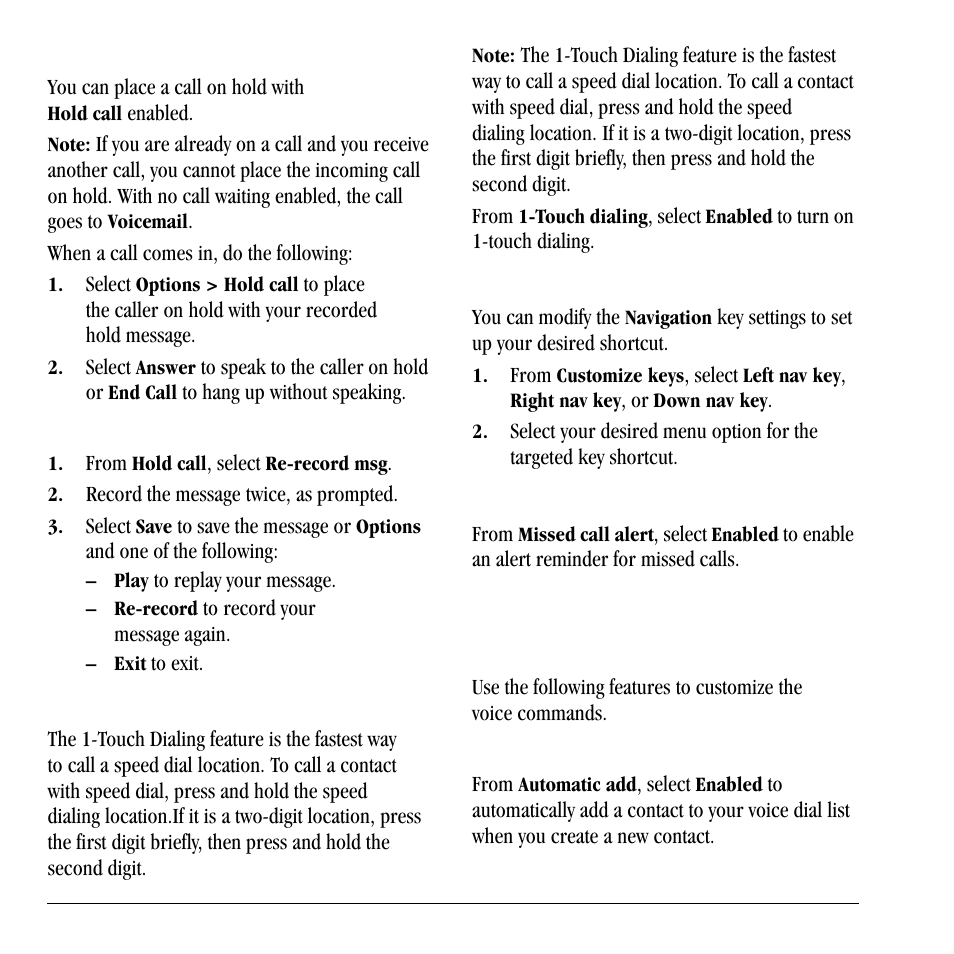 Call options, Change hold call message, Use 1-touch dialing | Customize keys, Missed call alert, Voice dialing | Lennox Hearth X-TC User Manual | Page 72 / 88