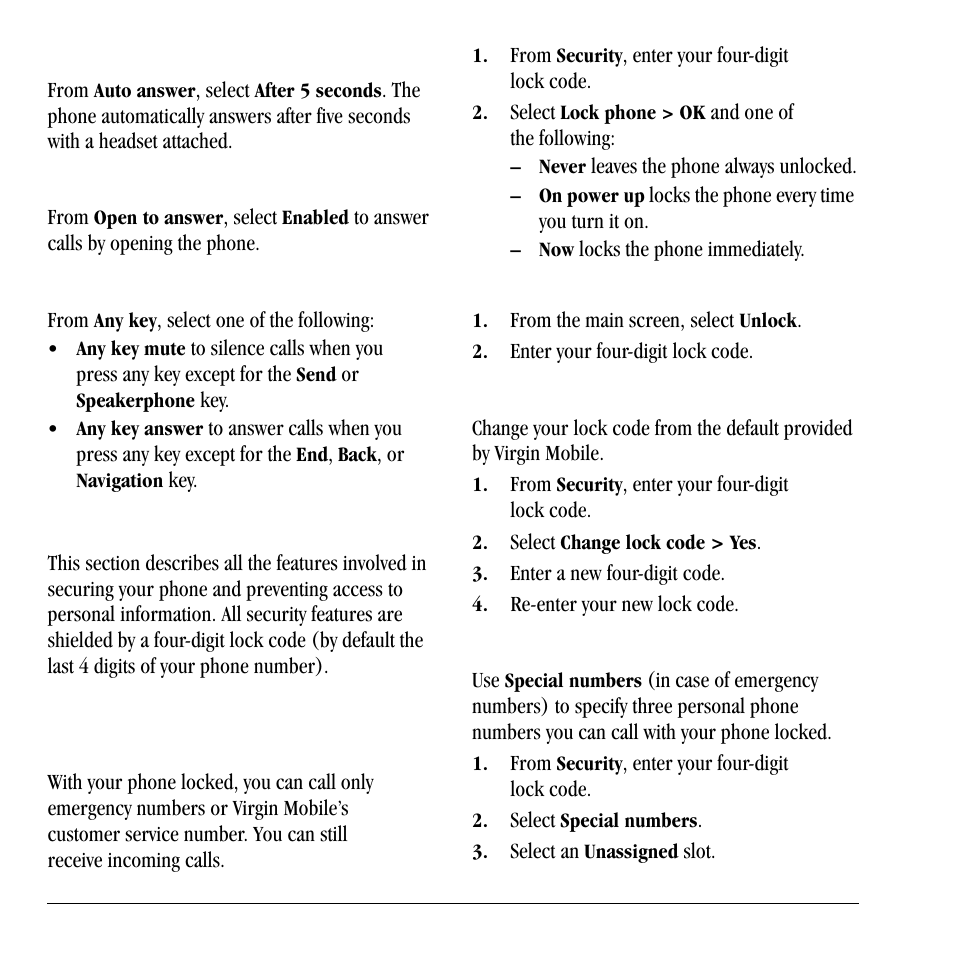 Security, Enable auto-answer, Enable open to answer | Enable any key, Lock phone, Change lock code, Assign special numbers | Lennox Hearth X-TC User Manual | Page 74 / 88