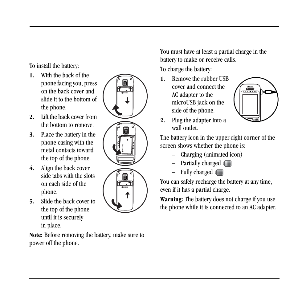 1 getting started, Phone battery, Getting started | 1getting started, Install the battery, Charge the battery | Lennox Hearth X-TC User Manual | Page 9 / 88