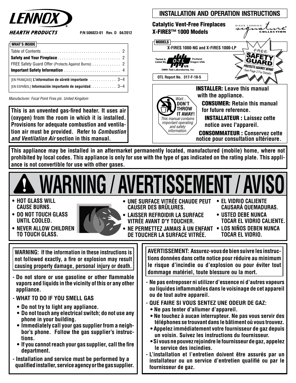 Lennox Hearth X-FIRES-1000-LP User Manual | 24 pages