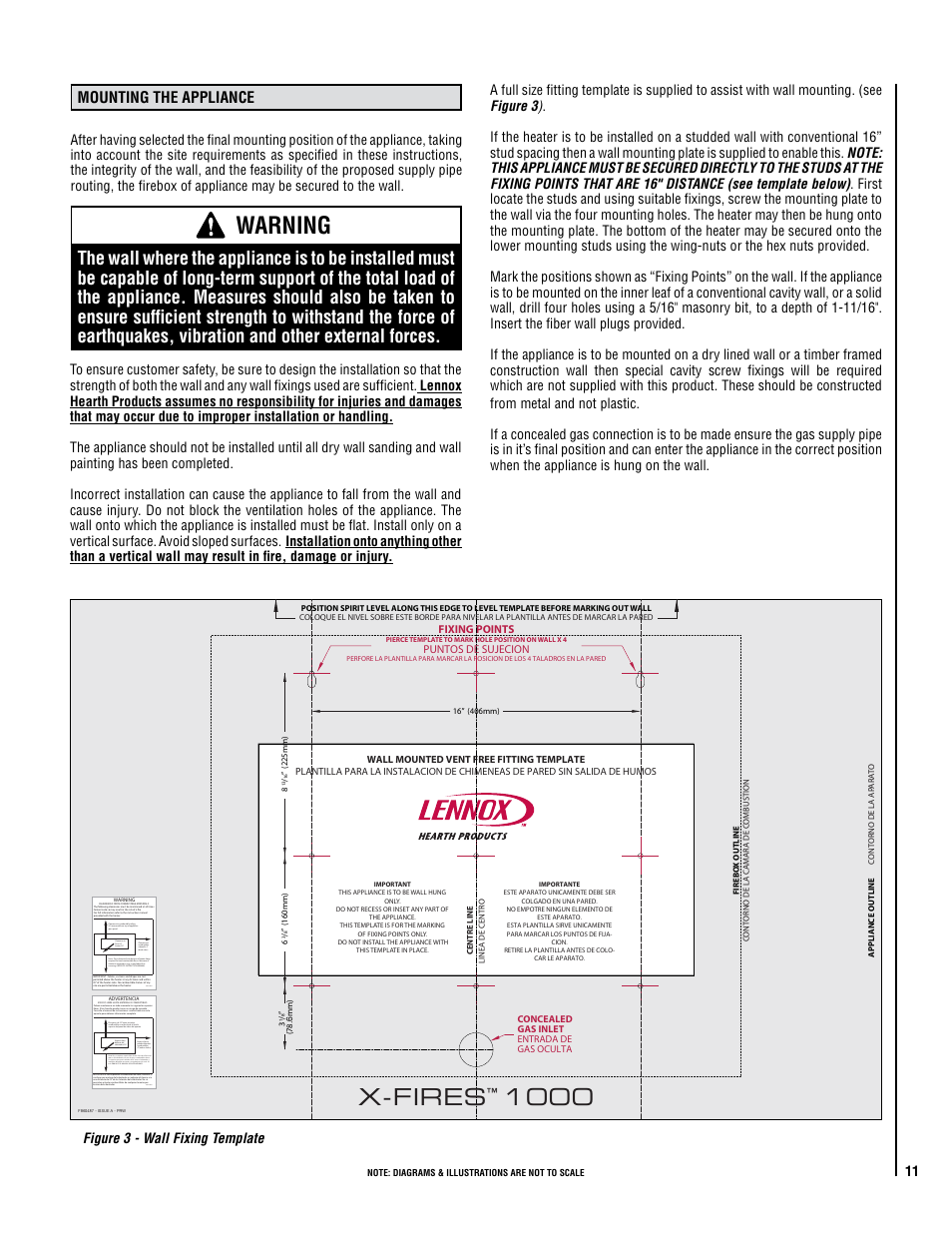 Warning, X-fires 1000, Mounting the appliance | Lennox Hearth X-FIRES-1000-LP User Manual | Page 11 / 24