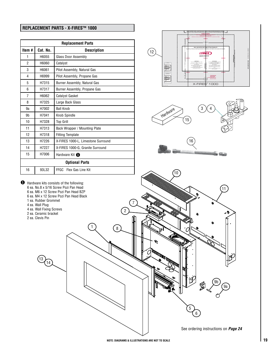 Replacement parts - x-fires™ 1000, Replacement parts item # cat. no. description, Optional parts | Lennox Hearth X-FIRES-1000-LP User Manual | Page 19 / 24