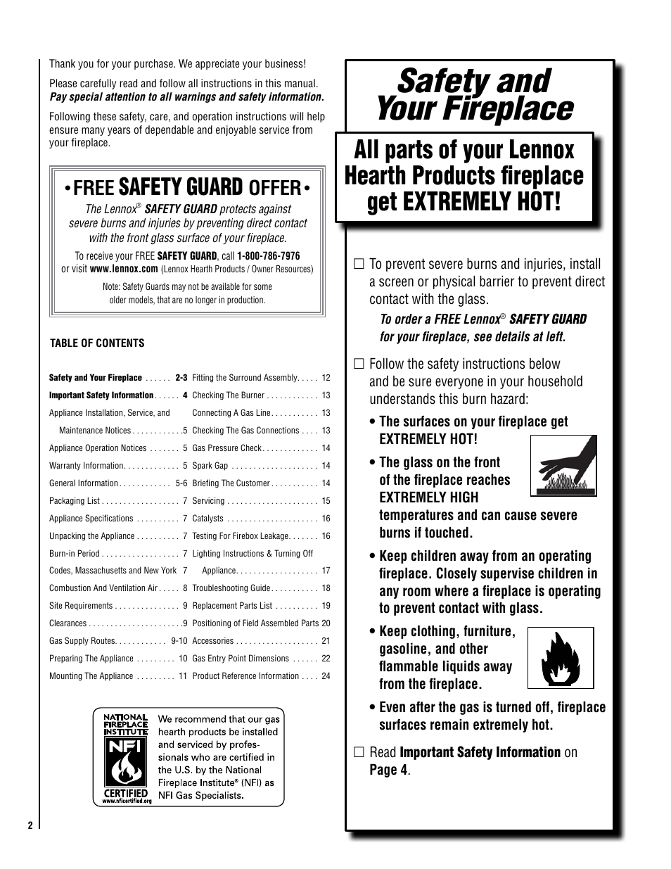 Safety and your fireplace, Safety, Guard | Free, Offer | Lennox Hearth X-FIRES-1000-LP User Manual | Page 2 / 24