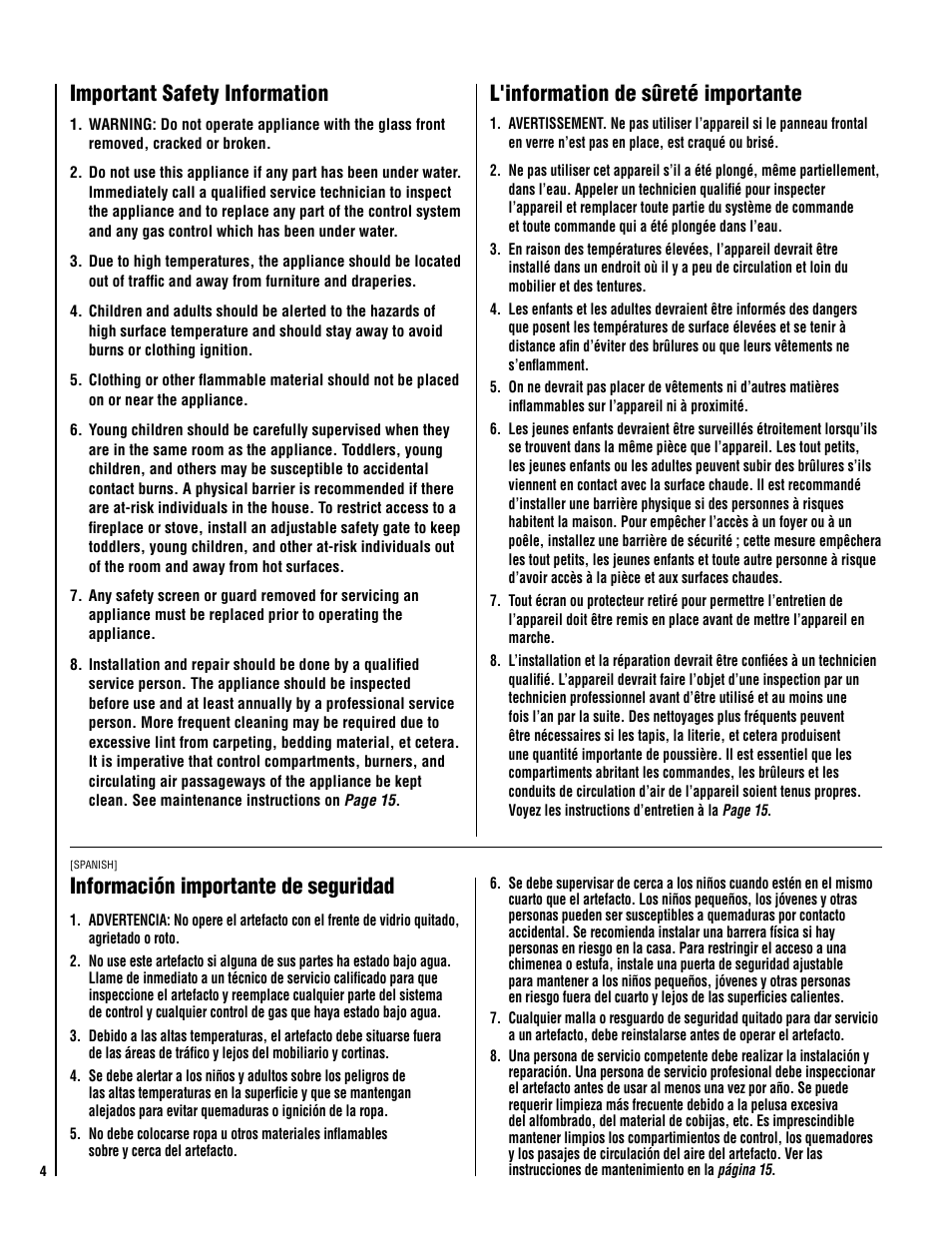 Important safety information, L'information de sûreté importante, Información importante de seguridad | Lennox Hearth X-FIRES-1000-LP User Manual | Page 4 / 24