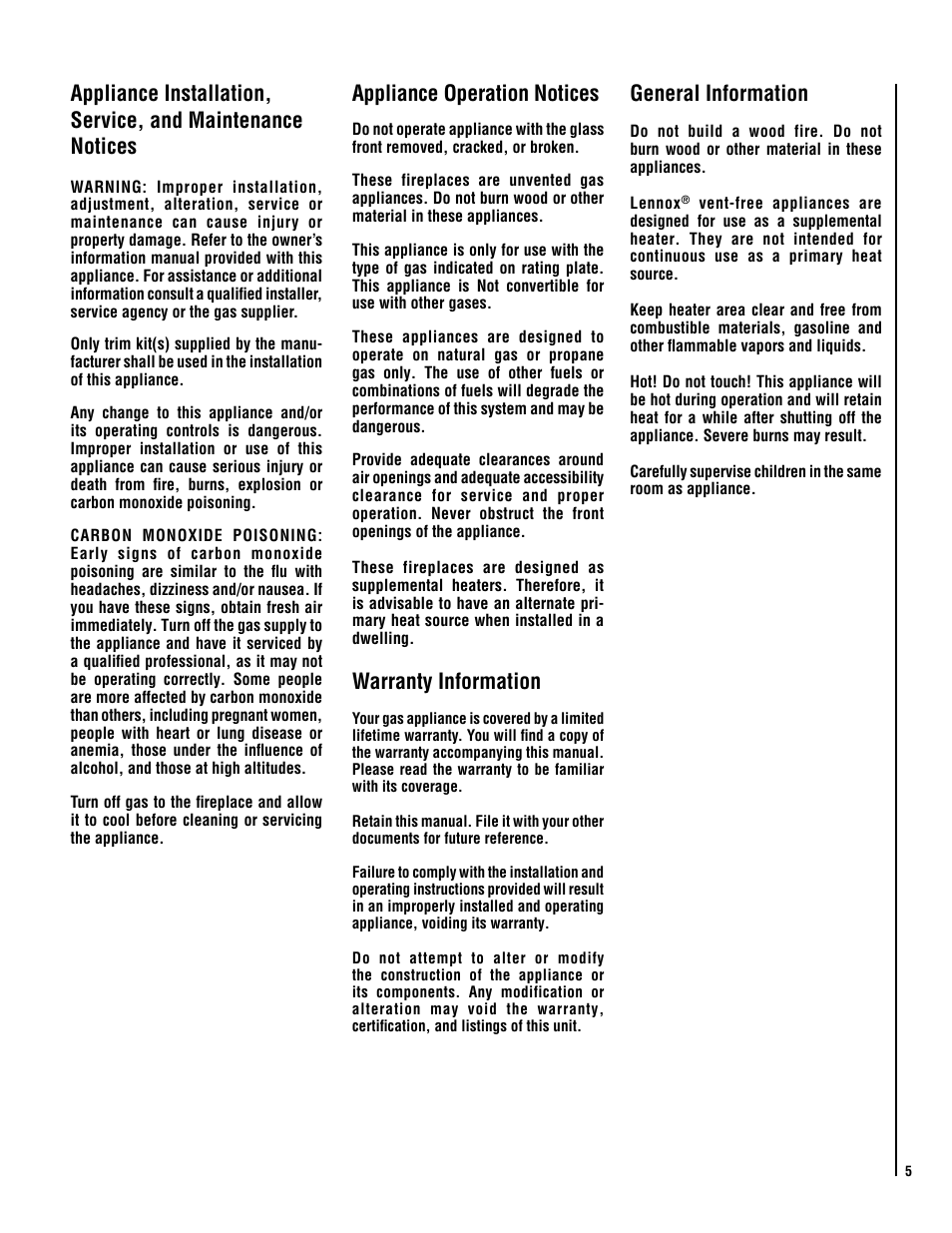 Appliance operation notices, Warranty information, General information | Lennox Hearth X-FIRES-1000-LP User Manual | Page 5 / 24